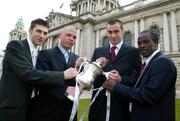 10 March 2005; Paul Leeman, left, captain, Glentoran FC , Michael Collins, 2nd from left, Portadown FC, Dan Murray, Cork City FC and  Eric Lavine, right, Longford Town FC at the launch of the 2005 Setanta Cup. Linenhall Library, Belfast. Picture credit; Oliver McVeigh / SPORTSFILE
