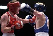 11 March 2005; Eric Donovan, red, St. Michaels Athy, in action against Dermot Lawlor, St. Fiaccs Carlow. National Senior Boxing Championships Semi-Finals, 57kg Featherweight, Eric Donovan.v.Dermot Lawlor, South Circular Road, Dublin. Picture credit; Brian Lawless / SPORTSFILE