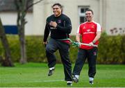 17 October 2013; Ulster's Nick Williams with Alan McCaldin, team Physiotherapist, right, during squad training ahead of their Heineken Cup 2013/14, Pool 5, Round 4, game against Benetton Treviso on Saturday. Ulster Rugby Squad Training, Pirrie Park, Methodist College Playing Fields, Belfast, Co. Antrim. Picture credit: Oliver McVeigh / SPORTSFILE