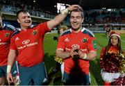 14 December 2013; Munster's late try scorer JJ Hanrahan is congratulated by team-mate Dave Kilcoyne after defeating Perpignan. Heineken Cup 2013/14, Pool 6, Round 4, Perpignan v Munster. Stade Aimé Giral, Perpignan, France. Picture credit: Diarmuid Greene / SPORTSFILE