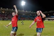 14 December 2013; Munster captain Peter O'Mahony, left, and Paul O'Connell acknowlede supporters after defeating Perpignan. Heineken Cup 2013/14, Pool 6, Round 4, Perpignan v Munster. Stade Aimé Giral, Perpignan, France. Picture credit: Diarmuid Greene / SPORTSFILE