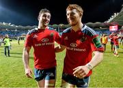 14 December 2013; Munster's JJ Hanrahan, left, and Sean Dougall celebrate after defeating Perpignan. Heineken Cup 2013/14, Pool 6, Round 4, Perpignan v Munster. Stade Aimé Giral, Perpignan, France. Picture credit: Diarmuid Greene / SPORTSFILE