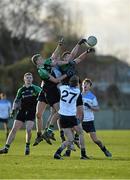 19 December 2013; Brian Travers, centre, Maynooth Post Primary, with support from team-mate William McDonnell, 27, and Owen Byrne, far right, in action against Callum Pearson, left, and Ronan Costelloe, St Benildus College. Dublin Schools Senior “A” Football Final, St Benildus College v Maynooth Post Primary. O'Toole Park, Crumlin, Dublin. Picture credit: Barry Cregg / SPORTSFILE