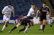 20 December 2013; Ian Madigan, Leinster, is tackled by Greig Laidlaw, Edinburgh. Celtic League 2013/14, Round 10, Edinburgh v Leinster, Murrayfield, Edinburgh, Scotland. Picture credit: Stephen McCarthy / SPORTSFILE