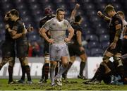 20 December 2013; Leinster's Aaron Dundon reacts as Edinburgh players celebrate at the final whistle. Celtic League 2013/14, Round 10, Edinburgh v Leinster, Murrayfield, Edinburgh, Scotland. Picture credit: Stephen McCarthy / SPORTSFILE