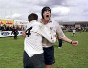 17 April 1999; David Corkery, Cork Constitution, celebrates at the end of the game with team-mate John Kelly, no.14. AIB League Rugby, Cork Constitution v Shannon, Temple Hill, Cork. Picture credit: Brendan Moran / SPORTSFILE