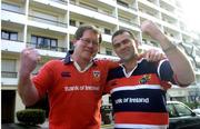 1 April 2005; Munster fans Tony Power, left,  and Donal Considine from Tulla, Co. Clare pictured on arrival in Biarritz before the Heineken European Cup Quarter-Final game against Biarritz Olympique. Biarritz, France. Picture credit; Damien Eagers / SPORTSFILE