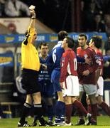 1 April 2005; Referee John Feighery, left, shows the red card to Richie Baker, no.11, Shelbourne. eircom League, Premier Division, Shelbourne v Waterford United, Tolka Park, Dublin. Picture credit; David Maher / SPORTSFILE