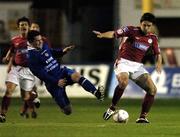 1 April 2005; Stuart Byrne, Shelbourne, in action against Paul Crowley, Waterford United. eircom League, Premier Division, Shelbourne v Waterford United, Tolka Park, Dublin. Picture credit; David Maher / SPORTSFILE