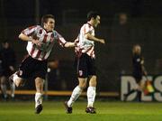 1 April 2005; Mark Farren, right, Derry City, celebrates with team-mate Alan Murphy after scoring his sides first goal. eircom League, Premier Division, Bohemians v Derry City, Dalymount Park, Dublin. Picture credit; Brian Lawless / SPORTSFILE