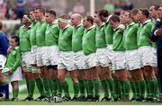 28 August 1999; Ireland Rugby team stand for the rugby national Anthem Ireland's Call. Rugby International, Ireland v Argentina, Lansdowne Road, Dublin. Picture credit: David Maher / SPORTSFILE