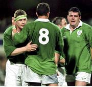 19 June 1999; Ireland's Dion O'Cuinneagain (No 8) pictured with Paul Wallace and Reggie Corrigan (right) after the match. 1999 Australia Tour, Lansdowne Cup Second Test, Australia v Ireland, Subiaco Oval, Perth, Australia. Picture credit: Matt Browne / SPORTSFILE