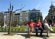 3 April 2005; Munster supporters, from left to right, Noel O'Brien, Peter Sheehan and Diarmuid Sheehan relaxing in San Sebastian before the Heineken European Cup Quarter-Final game against Biarritz Olympique. San Sebastian, Spain. Picture credit; Damien Eagers / SPORTSFILE