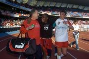 3 April 2005; Serge Betson, Biarritz Olympique, is helped by a team official and Nicholas Brusque, right, at the end of the match. Heineken European Cup 2004-2005, Quarter-Final, Biarritz Olympique v Munster, Anoeta Stadium, San Sebastian, Spain. Picture credit; Damien Eagers / SPORTSFILE