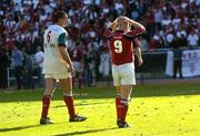 3 April 2005; Munster's Peter Stringer, right and Alan Quinlan walk off the pitch after defeat to Olympique Biarritz. Heineken European Cup 2004-2005, Quarter-Final, Biarritz Olympique v Munster, Anoeta Stadium, San Sebastian, Spain. Picture credit; Damien Eagers / SPORTSFILE