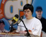 6 April 2005; Special Olympics Athlete Anne Foley, star of the new Special Olympics advertising campaign, speaking at the launch of Get Up, Get Out, and GO - a major fundraising and recruitment drive for Special Olympics Ireland to help recruit 8,000 new athletes by 2007. Iveagh Gardens, Harcourt St., Dublin. Picture credit; Ray McManus / SPORTSFILE