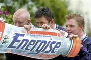 7 April 2005; At an announcement by the GPA of the establishment of an Official Players' GPA Fund for the 67 inter-county hurling and football squads are John Mullane, Waterford, left, Mark O'Reilly, Meath and Patrick Mullaney, right, which also coincided with the launch of a new sparkling energy drink Club Energise (Sparkling) by C & C Ireland. The fund has been established to assist squads directly and will be managed by two nominated players in each county. Merrion Hotel, Dublin. Picture credit; Damien Eagers / SPORTSFILE