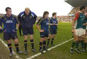 2 April 2005; Dejected Leinster players, from left, Shane Jennings, Des Dillon, Shane Byrne and Brian O'Driscoll after defeat to Leicester. Heineken European Cup 2004-2005, Quarter-Final, Leinster v Leicester, Lansdowne Road, Dublin. Picture credit; Brendan Moran / SPORTSFILE