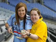11 April 2005; Camogie player Eimear Brannigan, Dublin, with Special Olympics Athlete Aine Lawlor, Marino, Dublin, at the announcement that Special Olympics Ireland are to be the Camogie Association's nominated charity for 2005. Croke Park, Dublin. Picture credit; Ray McManus / SPORTSFILE