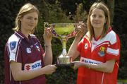 13 April 2005; Galway captain Annette Clarke, left and  Cork captain Juliet Murphy with the Ladies National Football League cup at a photocall ahead of the Suzuki Ladies National Football League Final. Merrion Square, Dublin. Picture credit; Pat Murphy / SPORTSFILE