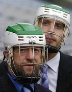 13 April 2005; GAA President Sean Kelly at the launch of Mycro's new helmet which was designed by Cork hurler Ronan Curran, right. Croke Park, Dublin. Picture credit; David Maher / SPORTSFILE