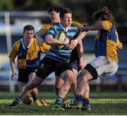 9 January 2014; Mark Gallagher, St. Gerard's School, is tackled by Paul Furlong, left, and Adam Coyle, CBS Naas. Vinny Murray Cup, 1st Round, St. Gerard's School v CBS Naas, Lakelands Park, Terenure, Dublin. Picture credit: Piaras Ó Mídheach / SPORTSFILE