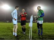 8 January 2014; Referee Niall Ward shows the result of the coin toss to Longford captain Damien Sheridan, right, and Kildare captain Eoghan O'Flaherty. Bord na Mona O'Byrne Cup, Group B, Round 2, Longford v Kildare, Newtowncashel, Co. Longford. Picture credit: David Maher / SPORTSFILE