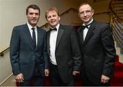 10 January 2014; St. Patrick's Athletic's manager Liam Buckley with Republic of Ireland manager Martin O'Neill, right, and Republic of Ireland assistant manager Roy Keane, left. Airtricity/SWAI Personality of the Year Awards 2013, The Conrad Hotel, Earlsfort Terrace, Dublin. Picture credit: David Maher / SPORTSFILE