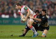 10 January 2014; Darren Cave, Ulster, is tackled by Charles Geli and Kellen Galletier, right, Montpellier. Heineken Cup 2013/14, Pool 5, Round 5, Ulster v Montpellier, Ravenhill Park, Belfast, Co. Antrim. Photo by Sportsfile