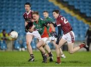 10 January 2014; Kevin Keane, Mayo, in action against David Gavin, 22, and Conor Guckian, NUIG. FBD League Section A, Round 1, Mayo v NUIG, Elverys MacHale Park, Castlebar, Co. Mayo. Picture credit: Matt Browne / SPORTSFILE