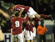 15 April 2005; Jason Byrne, Shelbourne, celebrates with team-mates after Wesley Hoolahan (hidden) scored his teams second goal. eircom League, Premier Division, Shelbourne v St. Patrick's Athletic, Tolka Park, Dublin. Picture credit; Brian Lawless / SPORTSFILE