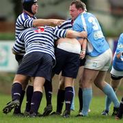 16 April 2005; A Blackrock College player in danger of losing his shorts against Garryowen. AIB All Ireland League 2004-2005, Division 1, Garryowen v Blackrock College, Dooradoyle, Limerick. Picture credit; Kieran Clancy / SPORTSFILE