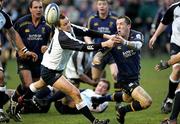 16 April 2005; Guy Eatserby, Leinster, is tackled by Dan Parks, Glasgow Rugby. Celtic League 2004-2005, Pool 1, Glasgow Rugby v Leinster, Hughenden, Glasgow, Scotland. Picture credit; Gordon Fraser / SPORTSFILE