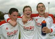 20 April 2005; St. Eunan's Letterkenny players, from left, Paul Thornton, Declan O'Donnell and Gareth Harkin, celebrate after the final whistle. Smart Telecom All-Ireland Senior Schools Final, Tallaght Cummunity School v St. Eunan's Letterkenny, Belfield, UCD, Dublin. Picture credit; Matt Browne / SPORTSFILE