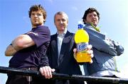21 April 2005; Building on the success of its relationship with the GPA (Gaelic Players Association), Club Energise Sport has signed an exclusive deal with IRUPA. Club Energise Sport is now the Official Sports Drink to The Irish Rugby Union Players Association. Pictured at the announcement are Leinster, Ireland and Lions players Gordon D'Arcy, left, and Shane Horgan, right, with Niall Woods, Chief Executive of IRUPA. Old Belvedere, Anglesea Road, Dublin. Picture credit; Brendan Moran / SPORTSFILE