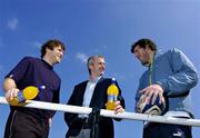 21 April 2005; Building on the success of its relationship with the GPA (Gaelic Players Association), Club Energise Sport has signed an exclusive deal with IRUPA. Club Energise Sport is now the Official Sports Drink to The Irish Rugby Union Players Association. Pictured at the announcement are Leinster, Ireland and Lions players Gordon D'Arcy, left, and Shane Horgan, right, with Niall Woods, Chief Executive of IRUPA. Old Belvedere, Anglesea Road, Dublin. Picture credit; Brendan Moran / SPORTSFILE