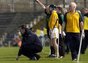 23 April 2005; Dublin manager Humphrey Kelleher, left and Antrim manager Dinny Cahill watch the match. Allianz National Hurling League, Division 1 Relegation Section, Antrim v Dublin, Casement Park, Belfast. Picture credit; Damien Eagers / SPORTSFILE