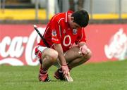 24 April 2005; A dejected Ronan McGregor, Cork, at the end of the game after defeat to Galway. Allianz National Hurling League, Division 1, Round 3, Cork v Galway, Pairc Ui Chaoimh, Cork. Picture credit; David Maher / SPORTSFILE