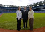 26 April 2005; Sean Kelly, President of Cumann Luthchleas Gael, Miriam O'Callaghan, left, President, Cumann Camogaiochta na nGael and Geraldine Giles, President, Cumann Peil Gael na mBan, at the launch of the Integration Task Force Report which will provide the framework for increased co-operation between the three Associations and a structure for the development of that relationship over the coming years. The report, which was recently adapted by the Congresses of all three Associations, is the work of the Integration Task Force, set up in 2002 to develop closer links between the Associations. Croke Park, Dublin. Picture credit; Brendan Moran / SPORTSFILE