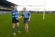 3 May 2005; Shannon captain Tom Hayes shakes hands with Belfast Harlequins vice-captain Paul McKenzie at a photocall ahead of the AIB League Division 1, 2 and 3 finals. Lansdowne Road, Dublin. Picture credit; Brendan Moran / SPORTSFILE