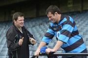 3 May 2005; Greystones captain John O'Beirne, left, in coversation with Shannon captain Tom Hayes at a photocall ahead of the AIB League Division 1, 2 and 3 finals. Lansdowne Road, Dublin. Picture credit; Brendan Moran / SPORTSFILE