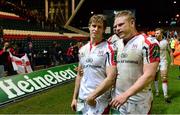 18 January 2014; Andrew Trimble, left, and Tom Court, Ulster, celebrate after the game. Heineken Cup 2013/14, Pool 5, Round 6, Leicester Tigers v Ulster, Welford Road, Leicester, England. Picture credit: Oliver McVeigh / SPORTSFILE