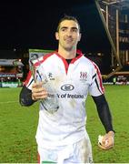 18 January 2014; Ruan Pienaar, Ulster, celebrates with his man of the match award following his side's victory. Heineken Cup 2013/14, Pool 5, Round 6, Leicester Tigers v Ulster, Welford Road, Leicester, England. Picture credit: Oliver McVeigh / SPORTSFILE