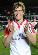 18 January 2014; Andrew Trimble, Ulster, celebrates after the game. Heineken Cup 2013/14, Pool 5, Round 6, Leicester Tigers v Ulster, Welford Road, Leicester, England. Picture credit: Oliver McVeigh / SPORTSFILE
