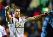18 January 2014; Roger Wilson, Ulster, celebrates at the final whistle. Heineken Cup 2013/14, Pool 5, Round 6, Leicester Tigers v Ulster, Welford Road, Leicester, England. Picture credit: Oliver McVeigh / SPORTSFILE