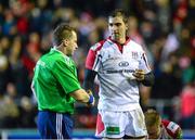 18 January 2014; Ruan Pienaar, Ulster, shakes hands with Referee Nigel Owens after the final whistle. Heineken Cup 2013/14, Pool 5, Round 6, Leicester Tigers v Ulster, Welford Road, Leicester, England. Picture credit: Oliver McVeigh / SPORTSFILE