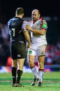 18 January 2014; Rory Best, Ulster, exchanges a handshake with Julian Salvi, Leicester Tigers at the end of the game. Heineken Cup 2013/14, Pool 5, Round 6, Leicester Tigers v Ulster, Welford Road, Leicester, England. Picture credit: Oliver McVeigh / SPORTSFILE