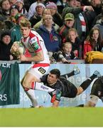 18 January 2014; Andrew Trimble, Ulster, gets past the tackle of Ben Youngs, Leicester Tigers. Heineken Cup 2013/14, Pool 5, Round 6, Leicester Tigers v Ulster, Welford Road, Leicester, England. Picture credit: John Dickson / SPORTSFILE