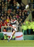 18 January 2014; Ruan Pienaar kicks the winning penalty for Ulster. Heineken Cup 2013/14, Pool 5, Round 6, Leicester Tigers v Ulster, Welford Road, Leicester, England. Picture credit: John Dickson / SPORTSFILE