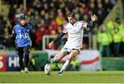 18 January 2014; Ruan Pienaar kicks the winning penalty for Ulster. Heineken Cup 2013/14, Pool 5, Round 6, Leicester Tigers v Ulster, Welford Road, Leicester, England. Picture credit: John Dickson / SPORTSFILE